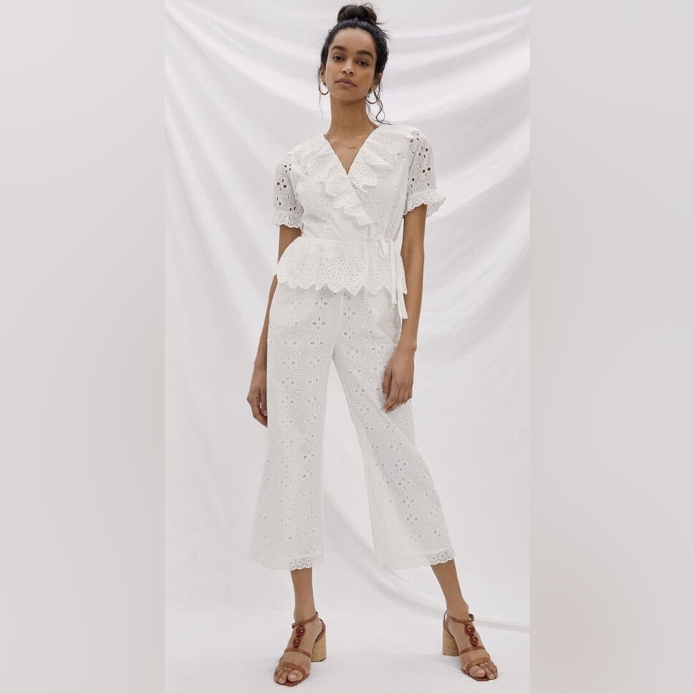 Anthropologie Eri + Ali White Eyelet Cropped Ruffle Eyelet Jumpsuit Size…